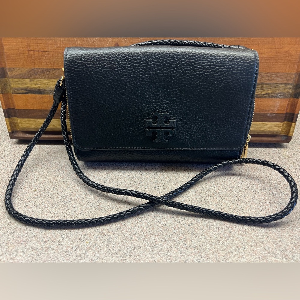 Tory Burch Black Thea Small Pebble Leather Wallet Crossbody - EUC